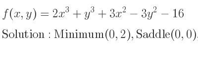 The f(x,y)=2x^3+y^3+3x^2-3y^2-16 is Minimum(0,2),Saddle(0,0),Saddle(-1,2),Maximum(-1,0)